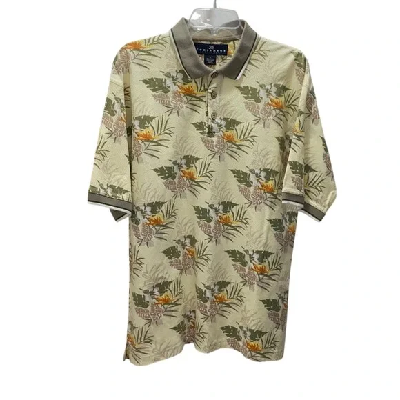 Consensus Sportswear Mens Tropical Floral Polo Shirt Tan Cotton Pique Medium - Picture 5 of 6